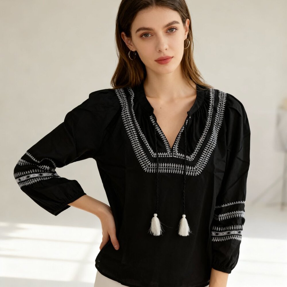 Bohemian-Style Black Embroidered Cotton Blouse With Tassels Long Sleeves & Tie s